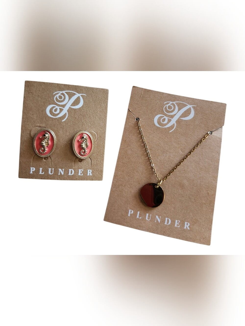 Plunder NEW Gold Disc Necklace with Coral Seahorse Stud Earrings Set